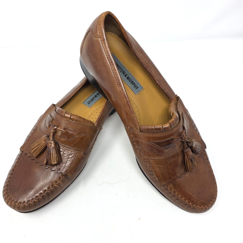 Johnston & Murphy Tassel Loafer Shoes Mens 10.5W Brown Leather Kiltie Almond Toe